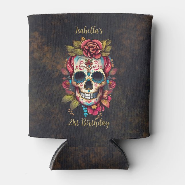 Floral Sugar Skull Milestone Birthday Can Cooler (Front)
