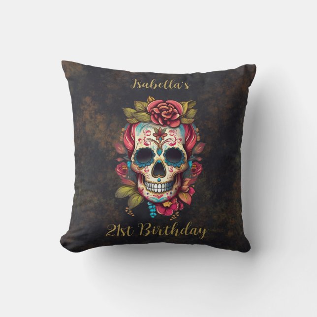 Floral Sugar Skull Milestone Birthday Cushion (Front)