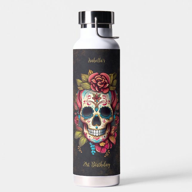 Floral Sugar Skull Milestone Birthday Water Bottle (Left)