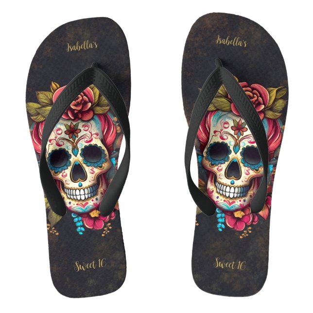 Floral Sugar Skull Sweet 16 Birthday Jandals (Footbed)