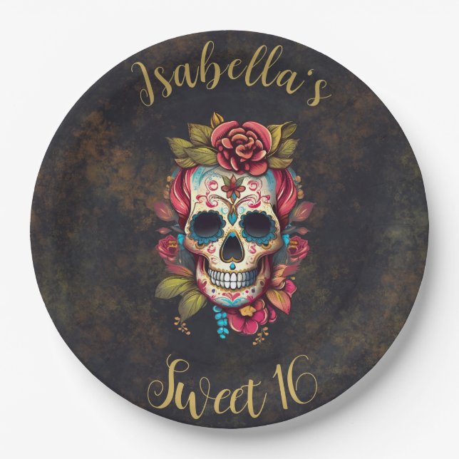 Floral Sugar Skull Sweet 16 Birthday Paper Plate (Front)