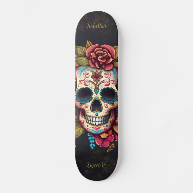 Floral Sugar Skull Sweet 16 Birthday Skateboard (Front)