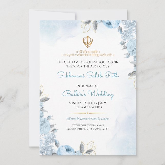 Floral Sukhmani Sahib Path Wedding Invitation Card (Front)