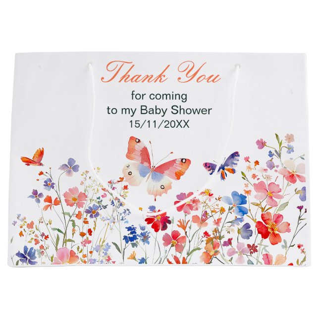 Floral Summer Butterfly Baby Shower Large Gift Bag (Front)