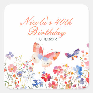 Floral Summer Butterfly Birthday Square Sticker
