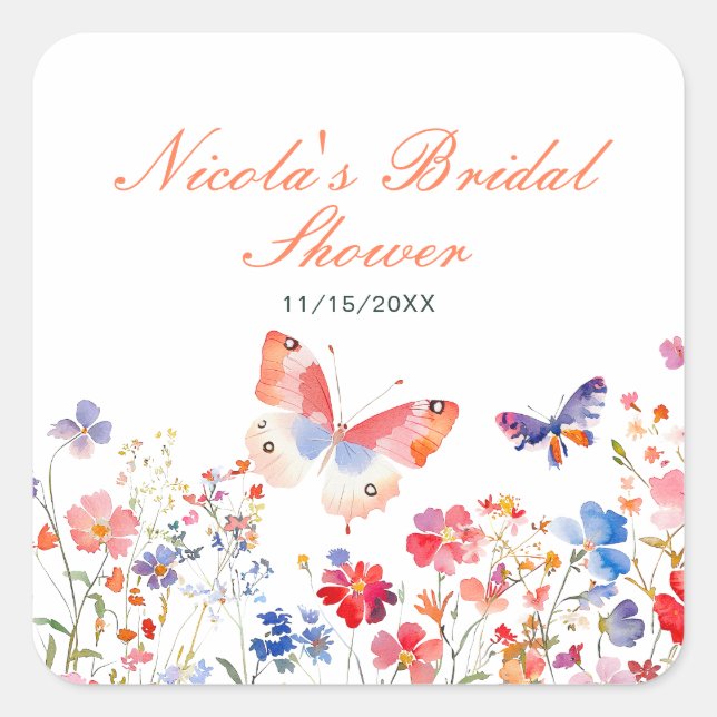 Floral Summer Butterfly Bridal Shower Square Sticker (Front)