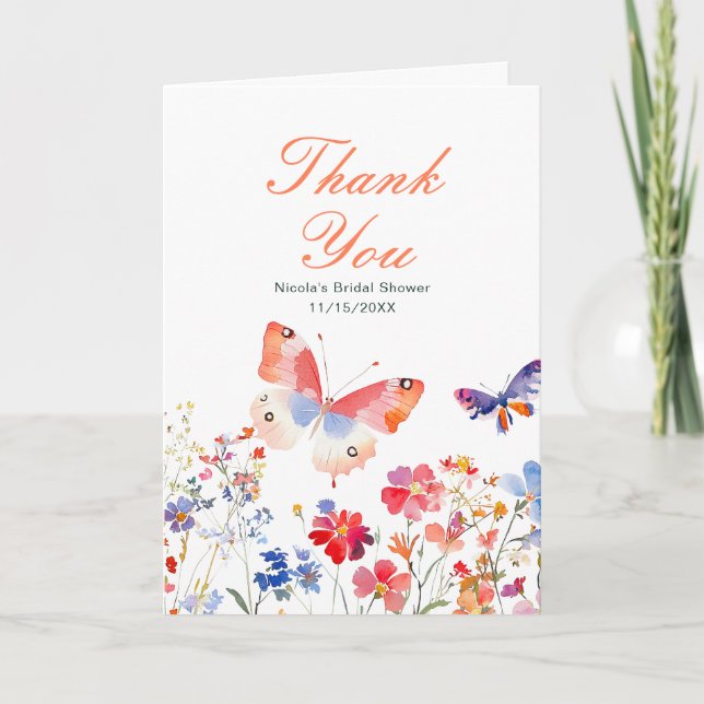 Floral Summer Butterfly Bridal Shower Thank You Card (Front)
