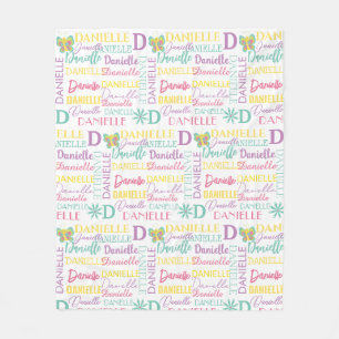 Floral Summer Butterfly Name and Monogram Pattern Fleece Blanket
