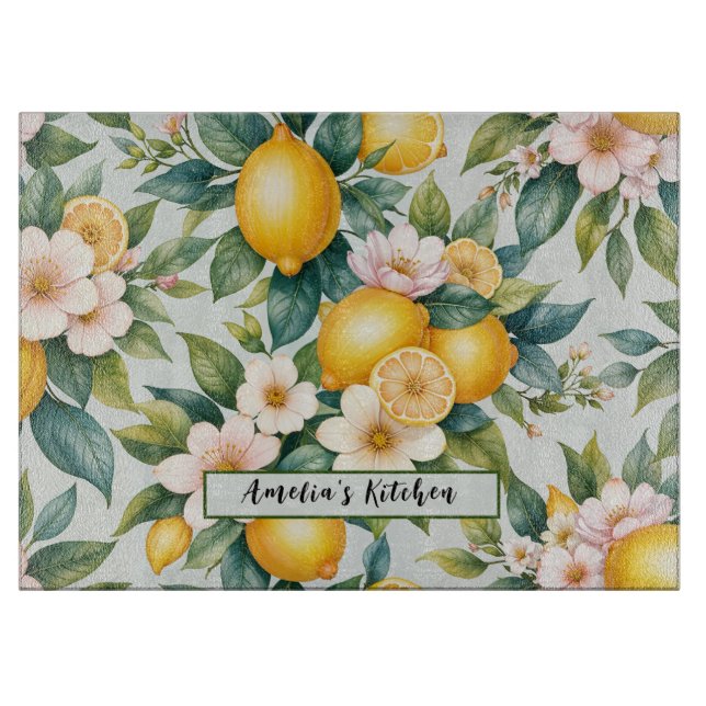 Floral Summer lemon citrus personalised name  Cutting Board (Front)