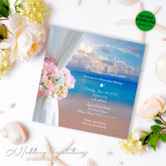 Floral Summer Sunset Ocean Tropical Beach Wedding Invitation