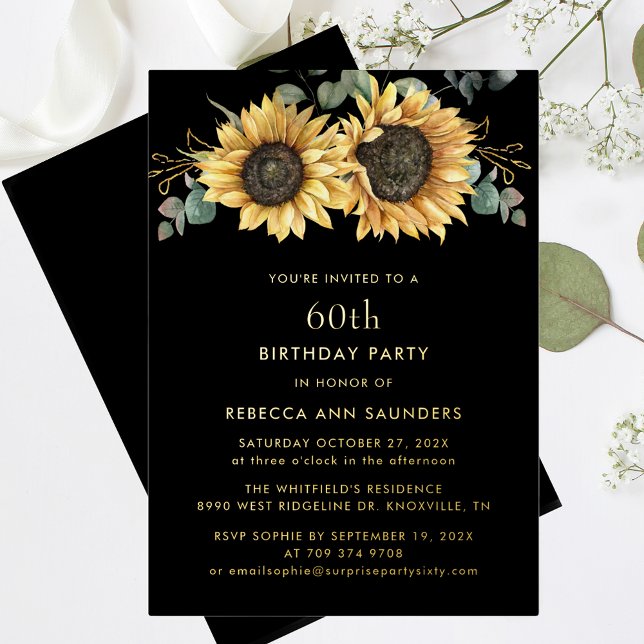 Floral Sunflower 60th Birthday Party Gold (Sunflower Eucalyptus Floral 60th Birthday Party Gold Foil Invitation)