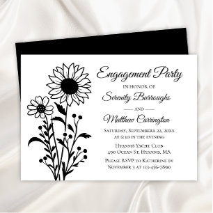 Floral Sunflower Black White Engagement Party Invitation