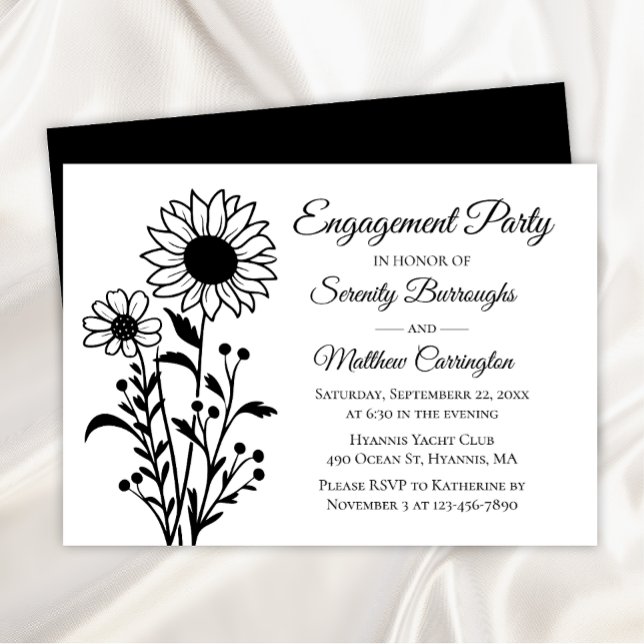 Floral Sunflower Black White Engagement Party Invitation (Creator Uploaded)