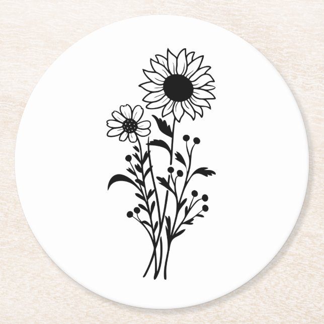 Floral Sunflower Black White Wedding Party     Round Paper Coaster (Front)
