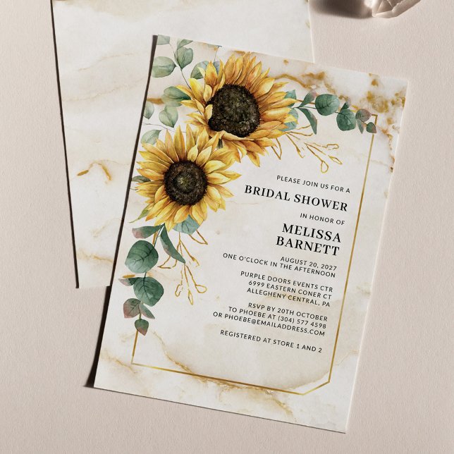 Floral Sunflower Bridal Shower Invitation (Sunflower Eucalyptus Bridal Shower with Marble Background Invitation)