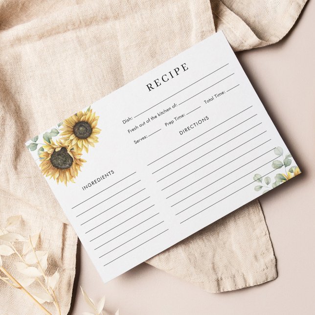 Floral Sunflower Bridal Shower Recipe Card (Sunflower Watercolor Bridal Shower Recipe Card)