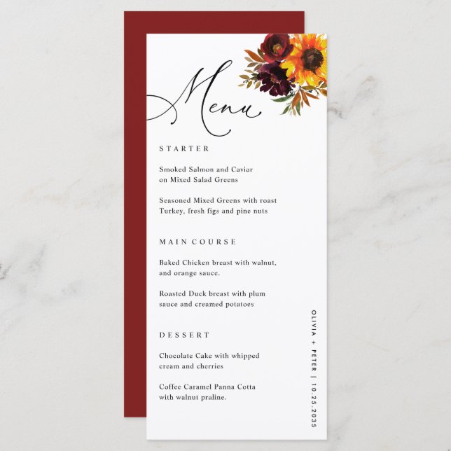Floral Sunflower Burgundy Fall Wedding Reception Menu (Front/Back)
