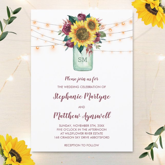Floral Sunflower Burgundy Rose Lights Jar Wedding Invitation (Creator Uploaded)