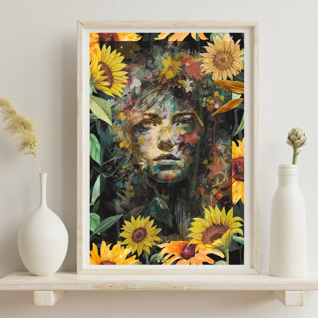 Floral  Sunflower Collage Yellow Woman Portrait Poster (Creator Uploaded)