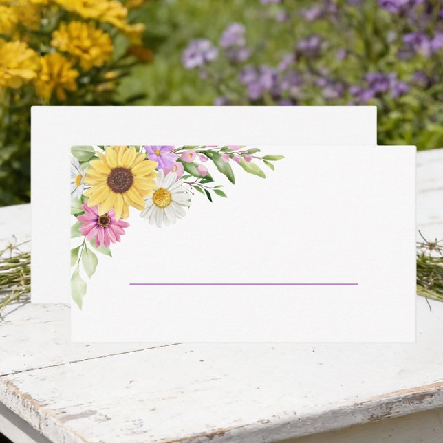 Floral Sunflower Daisy Purple Wildflower Wedding Place Card (Creator Uploaded)