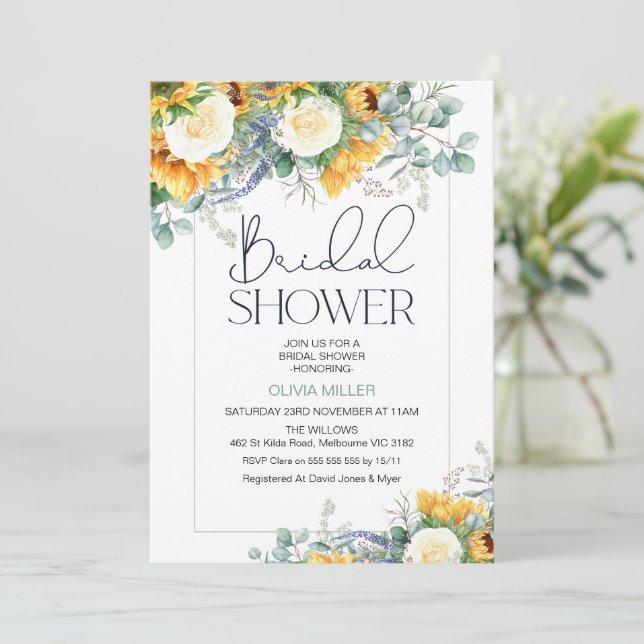 Floral Sunflower Eucalyptus Bridal Shower Invitation (Standing Front)