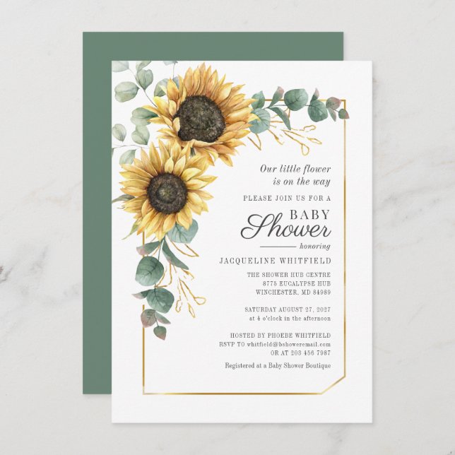 Floral Sunflower Eucalyptus Greenery Baby Shower Invitation (Front/Back)