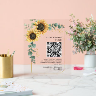 Floral Sunflower Eucalyptus Honeymoon Fund QR Code Acrylic Sign