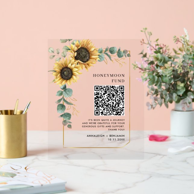 Floral Sunflower Eucalyptus Honeymoon Fund QR Code Acrylic Sign (Wedding)