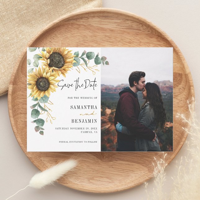 Floral Sunflower Eucalyptus Photo Wedding Save The Date (Sunflower Floral Eucalyptus Wedding Save the Date Announcement)