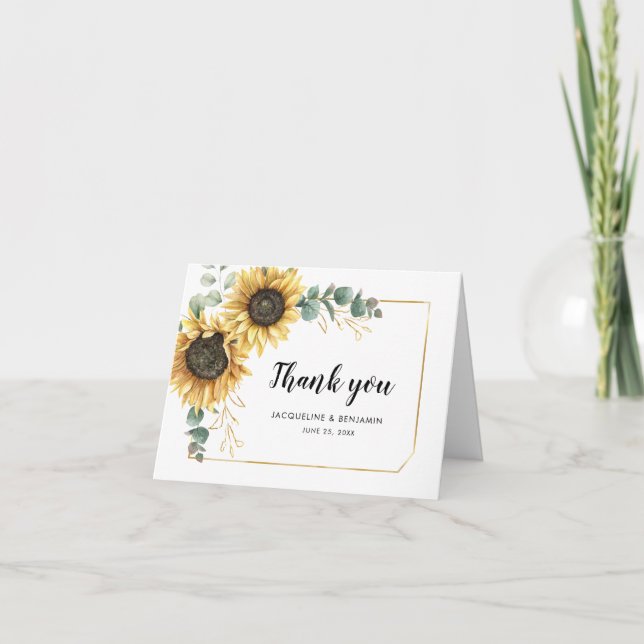 Floral Sunflower Eucalyptus Photo Wedding Thank You Card (Front)