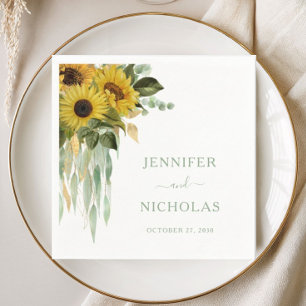 Floral Sunflower Eucalyptus Sage Green Wedding Napkin