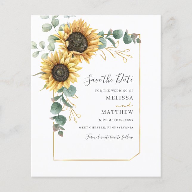 Floral Sunflower Eucalyptus Save The Date Budget (Front)