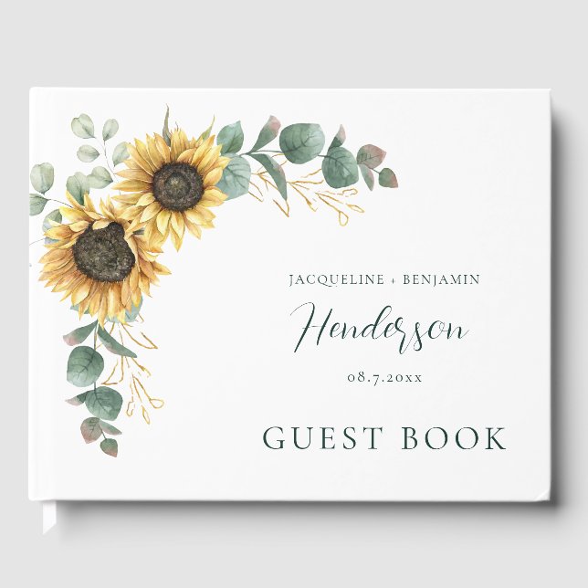 Floral Sunflower Eucalyptus Script Wedding Guest Book (Front)