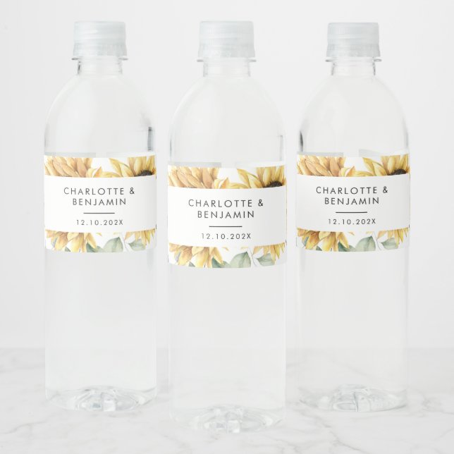 Floral Sunflower Eucalyptus Watercolor Wedding Water Bottle Label (Bottles)