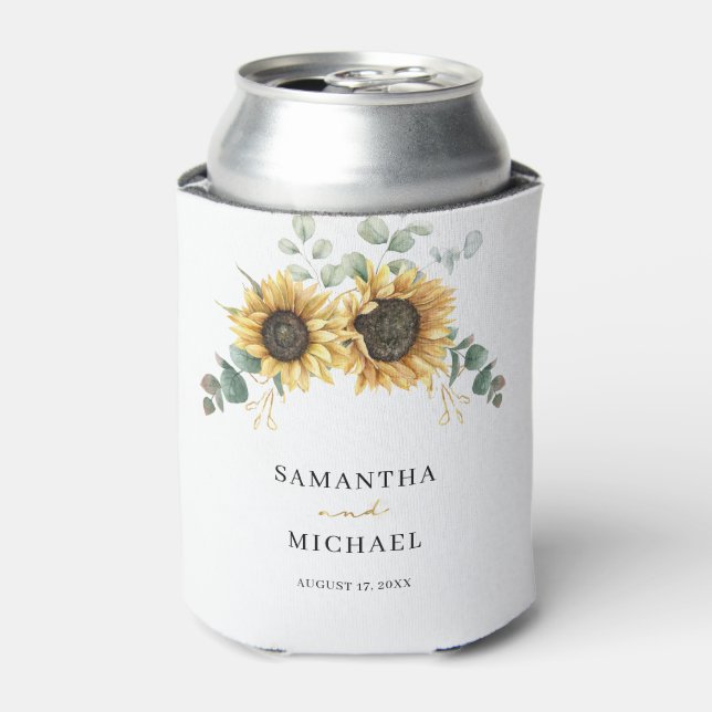 Floral Sunflower Eucalyptus Wedding Can Cooler (Can Front)