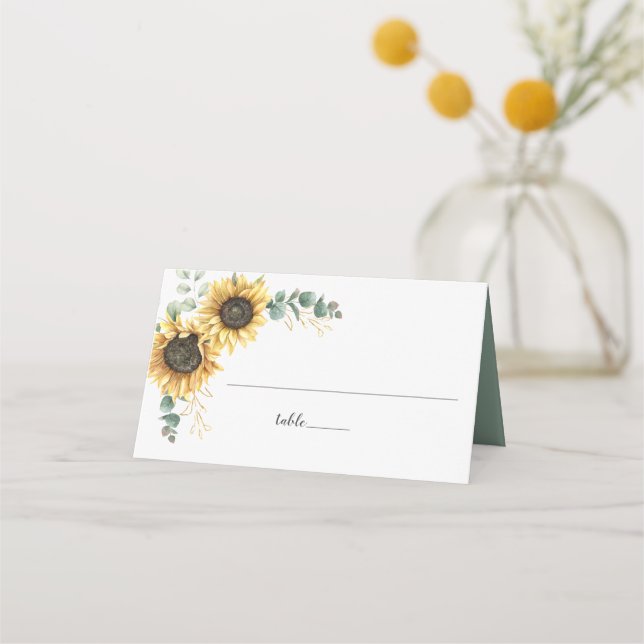 Floral Sunflower Eucalyptus Wedding Place Card (Front)