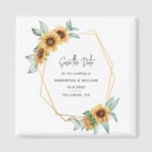 Floral Sunflower Eucalyptus Wedding Save The Date Magnet<br><div class="desc">Plan your perfect wedding this season with our bright sunflower theme save the date cards. Featuring sunflower bloom and gold effect geometric frame, this card can be easily customised for your special occasion such as a bridal shower, engagement party, birthday party, anniversaries, family reunions, and any special occasion you have...</div>