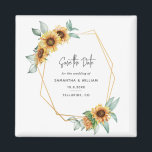 Floral Sunflower Eucalyptus Wedding Save The Date Magnet<br><div class="desc">Plan your perfect wedding this season with our bright sunflower theme save the date cards. Featuring sunflower bloom and gold effect geometric frame, this card can be easily customised for your special occasion such as a bridal shower, engagement party, birthday party, anniversaries, family reunions, and any special occasion you have...</div>