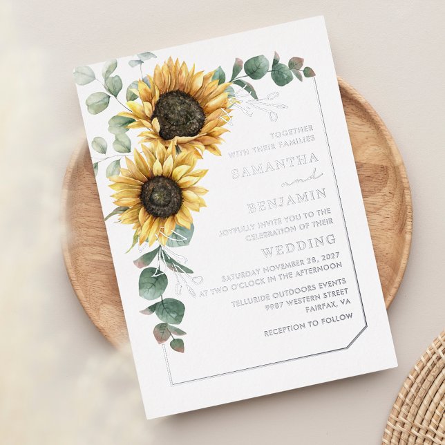 Floral Sunflower Eucalyptus Wedding Silver (Floral Sunflower Eucalyptus Wedding Silver Foil Invitation)