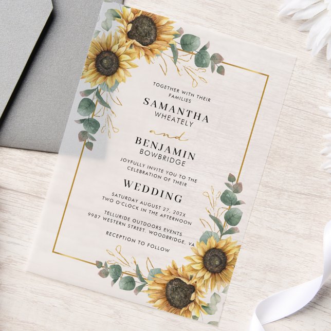 Floral Sunflower Eucalyptus Wedding Vellum Invitations (Watercolor Floral Sunflower Eucalyptus Greenery Wedding Vellum Invitation)