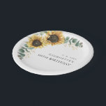 Floral Sunflower Greenery 50th Birthday Paper Plate<br><div class="desc">Celebrate the milestone of 50 with grace, elegance, and style with our custom sunflower 50th birthday party napkins! Designed specifically for this monumental occasion, our party supplies blend the beauty of nature and colour with modern typography. Customise by using our Personalise button to add the details of this birthday party...</div>