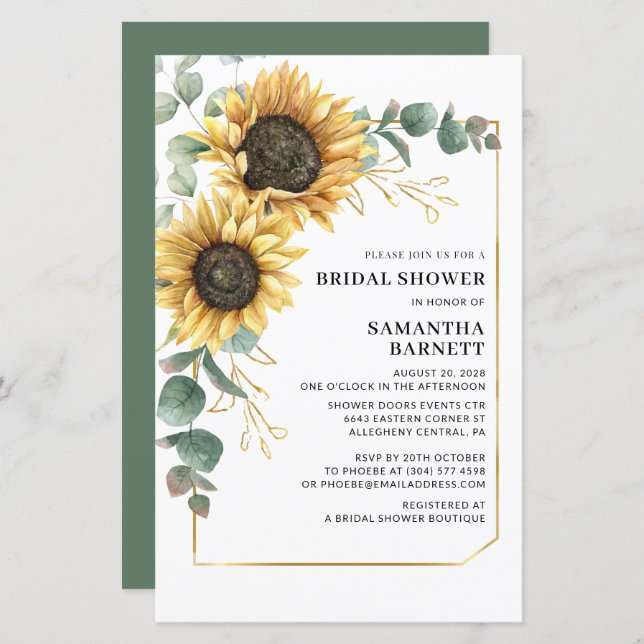 Floral Sunflower Greenery Bridal Shower Invitation (Front/Back)