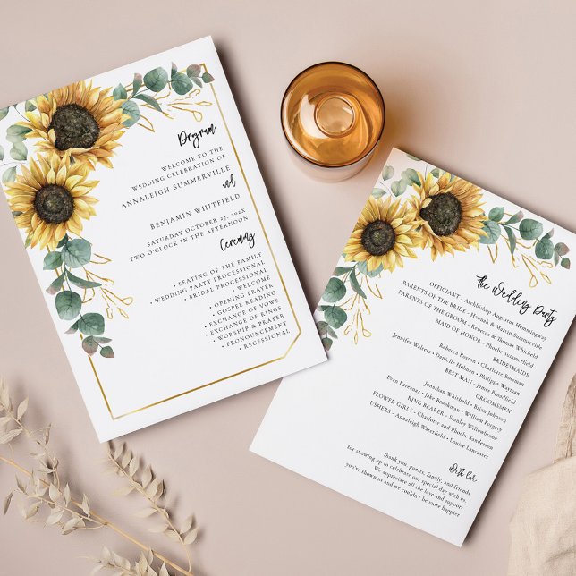 Floral Sunflower Greenery Wedding Program (Sunflower Eucalyptus Greenery All-in-One Wedding Invitation)