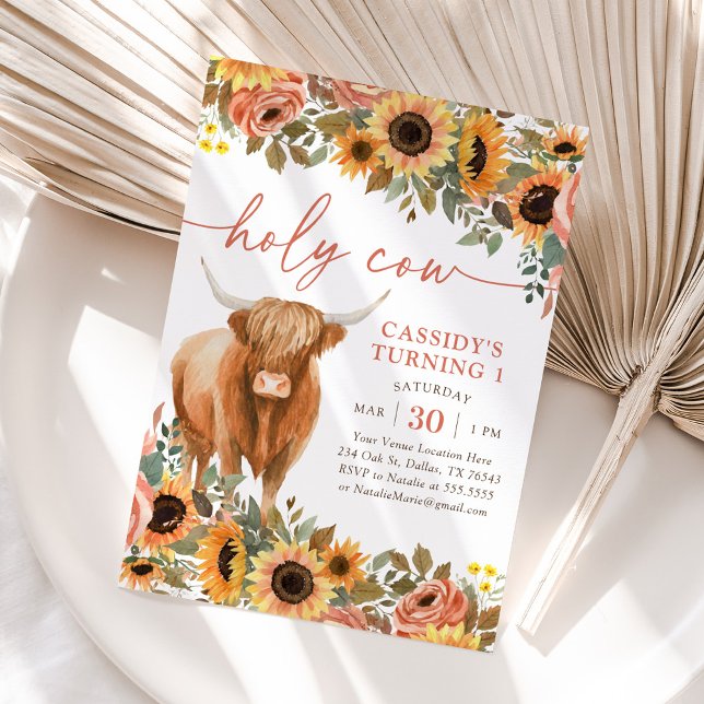 Floral Sunflower Highland Cow Birthday Invitation (Creator Uploaded)