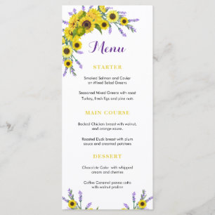 Floral Sunflower & Lavender Wedding Reception Menu