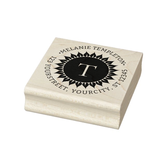 Floral Sunflower Name Address 1 Initial Round Rubb Rubber Stamp (Stamp)