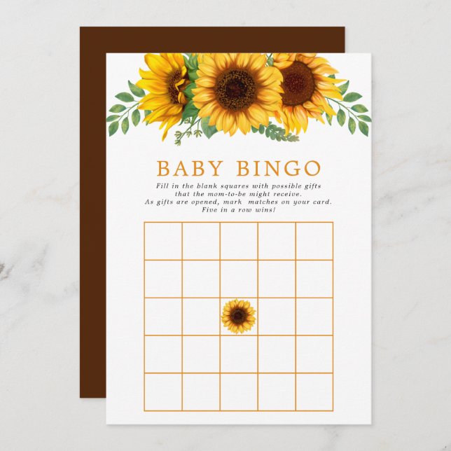 Floral Sunflower Rustic Baby Shower Bingo Game Invitation (Front/Back)