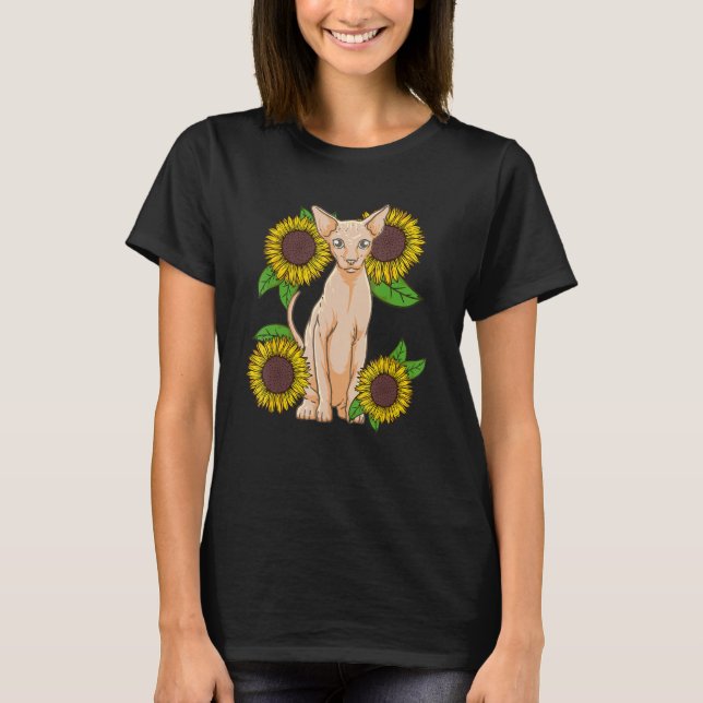 Floral Sunflower Sphynx Cat Lover T-Shirt (Front)