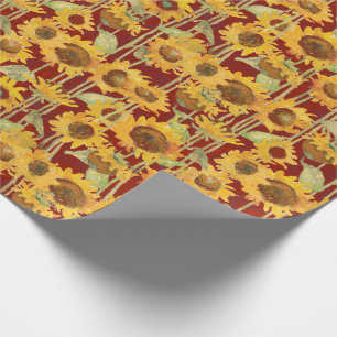Floral Sunflower Watercolor Yellow on Red Wrapping Paper
