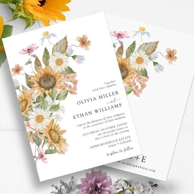 Floral Sunflower Wedding Invitation (Watercolor Floral Sunflower Wildflower Wedding Invitation Monogrammed by Painted Paperie
)